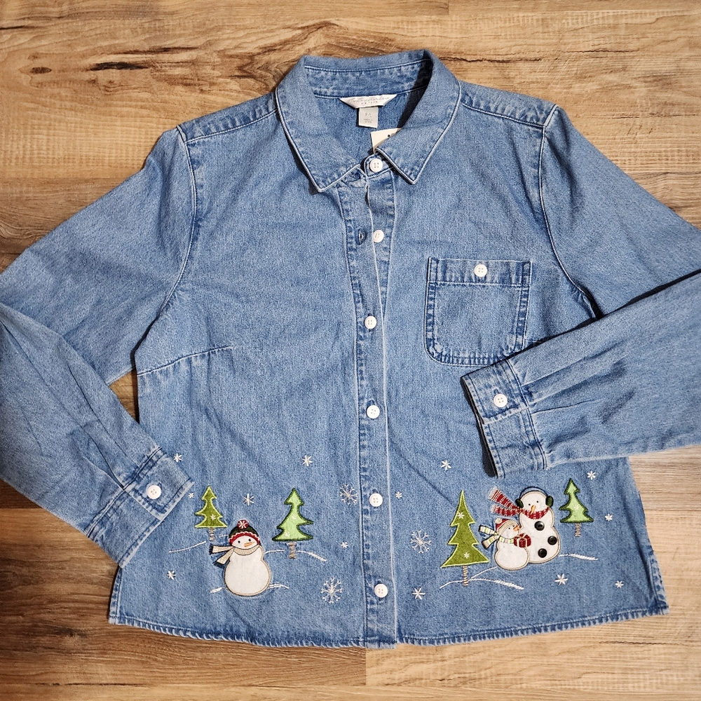 Christopher &Banks Embroidered Chambray Snowman Shirt  Size Petite Large